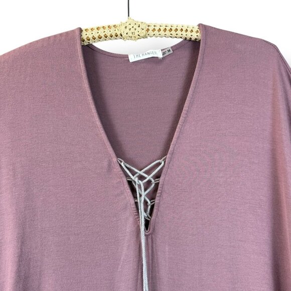 The Hanger Top Womens Sz M Mauve Short-Sleeve V-Neck Lace-Up Tassel Tie Tee Boho - Picture 4 of 9